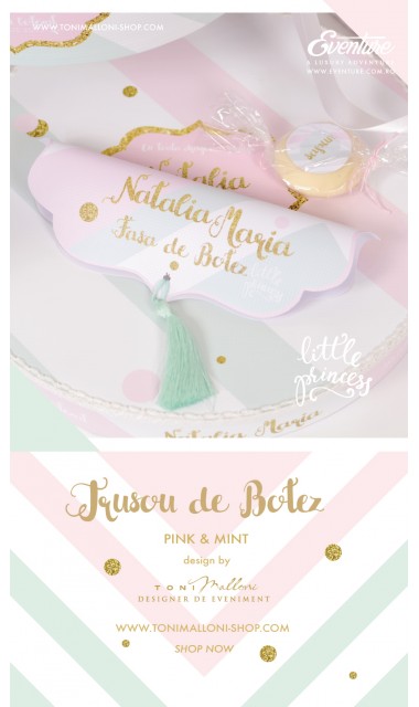 Trusou de botez pentru fete sau baieti modern, Pink & Mint 12